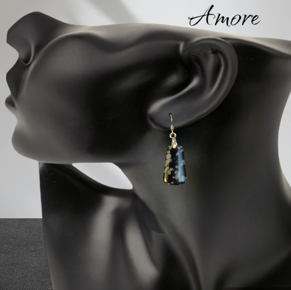 18k white gold Natural Black Snowflake Obsidian Trapezoid Stone Earrings